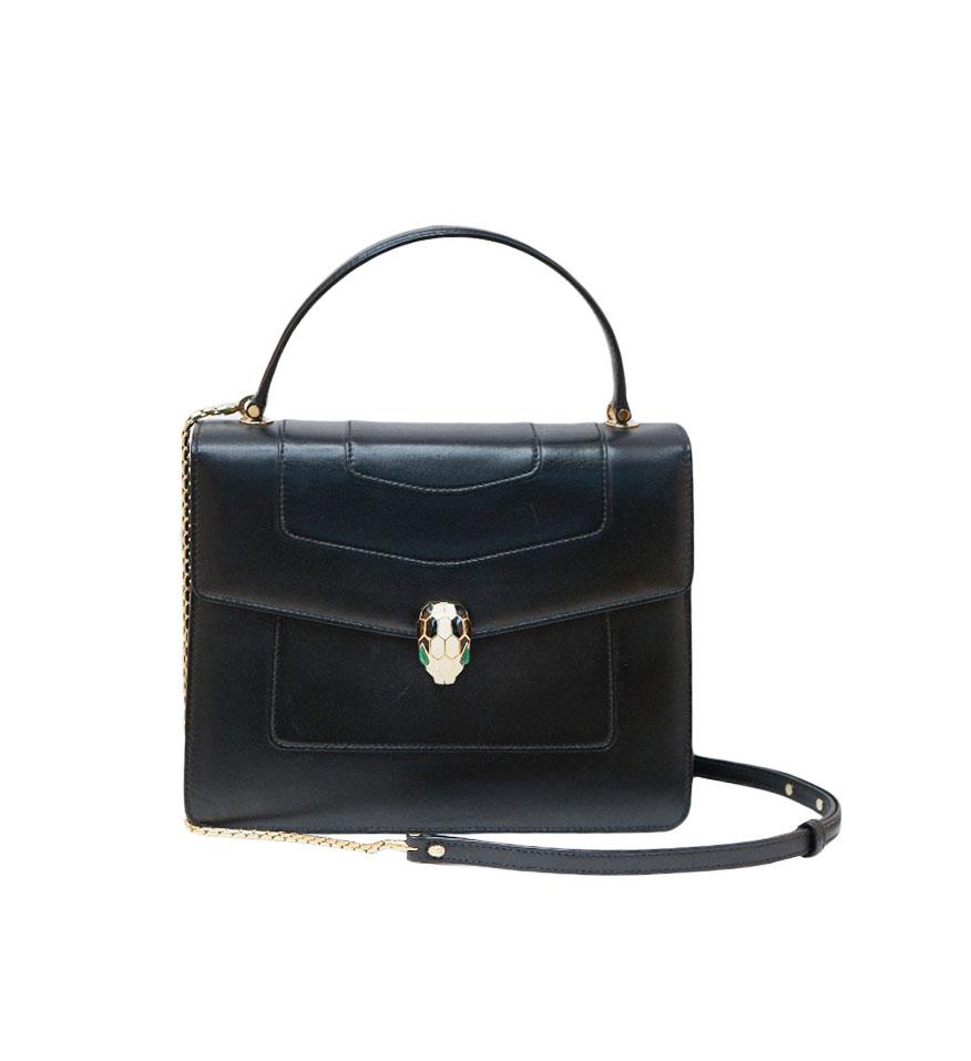 BLACK LEATHER SERPENTI FOREVER FLAP BAG - styleforless