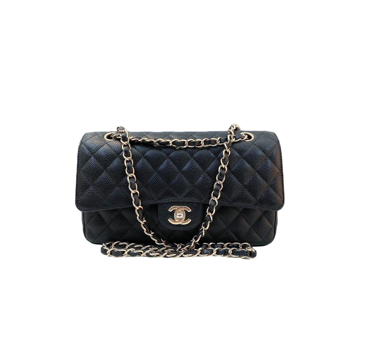 CAVIAR LEATHER CLASSIC MEDIUM DOUBLE FLAP GOLD HARDWARE BAG - styleforless