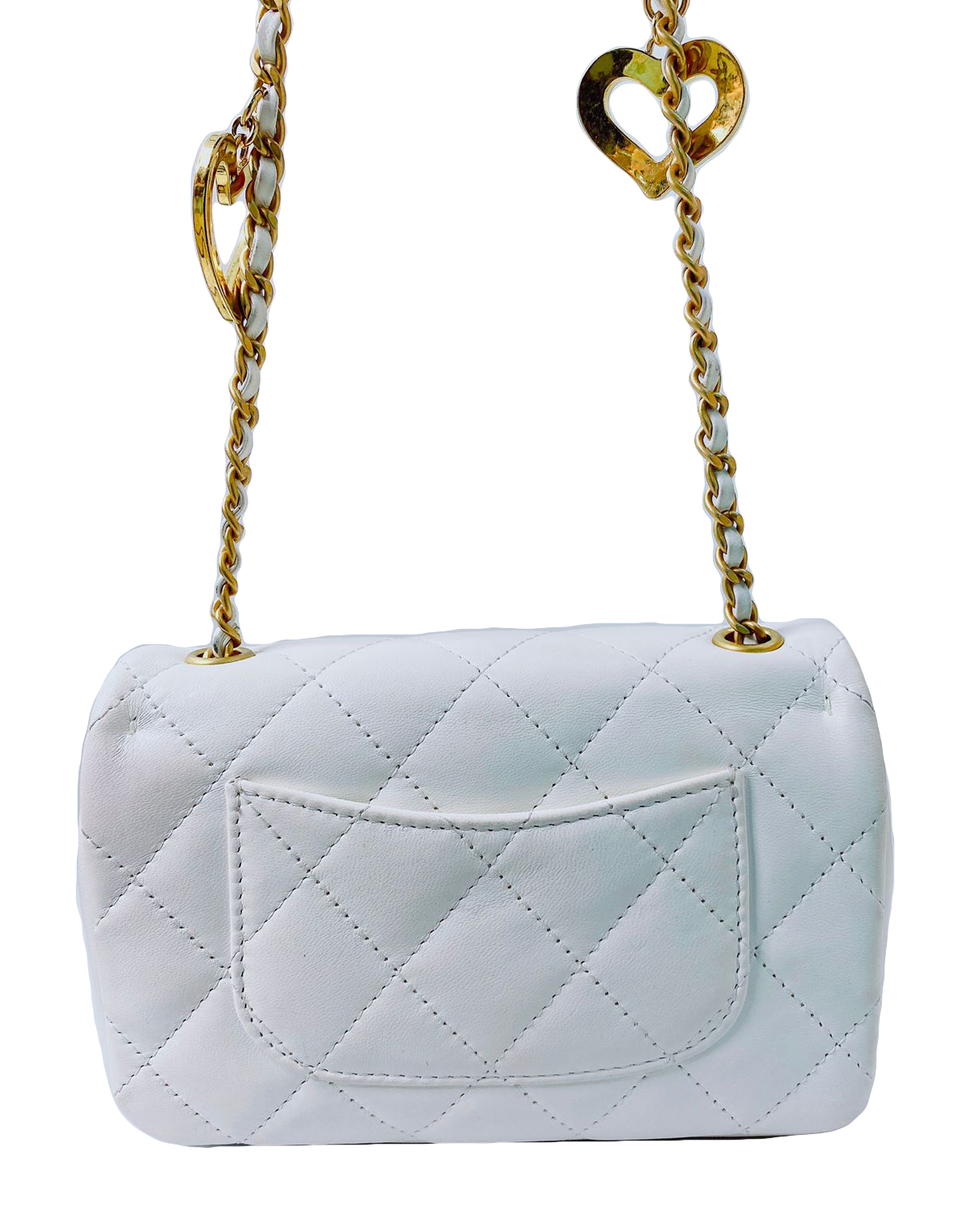 WHITE LAMBSKIN QUILTED HEART CHARMS MINI FLAP BAG - styleforless