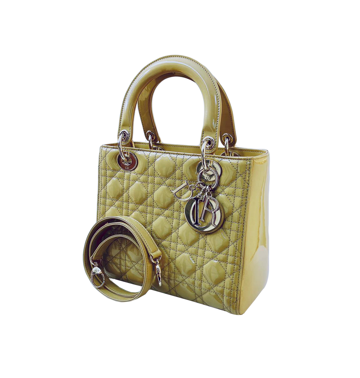 BEIGE PATENT LEATHER MEDIUM LADY DIOR TOTE BAG - styleforless